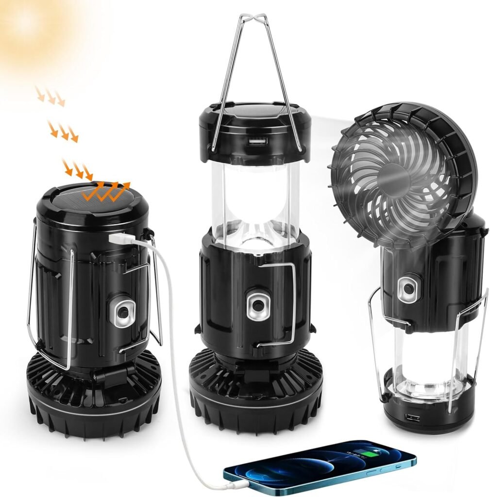 2023 Upgrade Solar Powered Camping Lantern with Fan, Flashlights Charging for Phone, USB Rechargeable  Repalceable Battery Collapsible  Portable for Emergency, Hurricanes, Power Outage, Storm