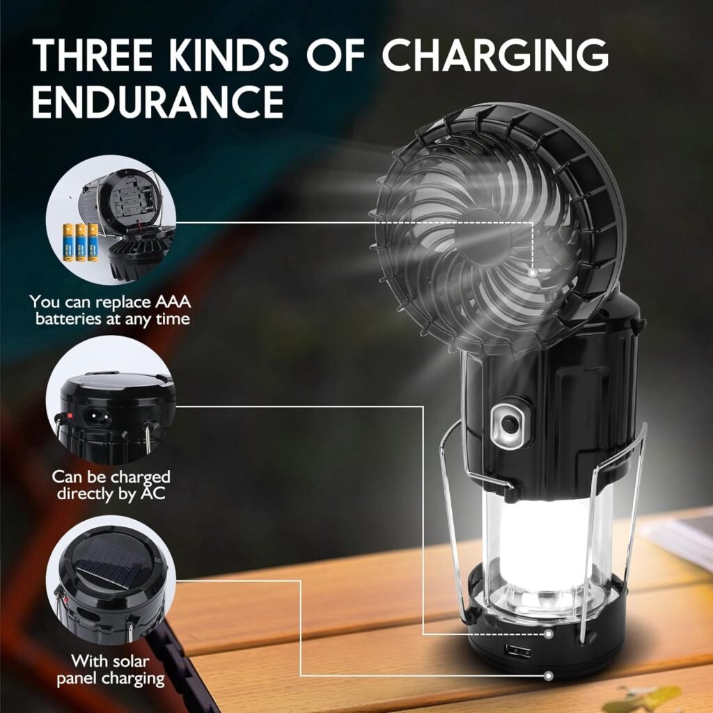 2023 Upgrade Solar Powered Camping Lantern with Fan, Flashlights Charging for Phone, USB Rechargeable  Repalceable Battery Collapsible  Portable for Emergency, Hurricanes, Power Outage, Storm