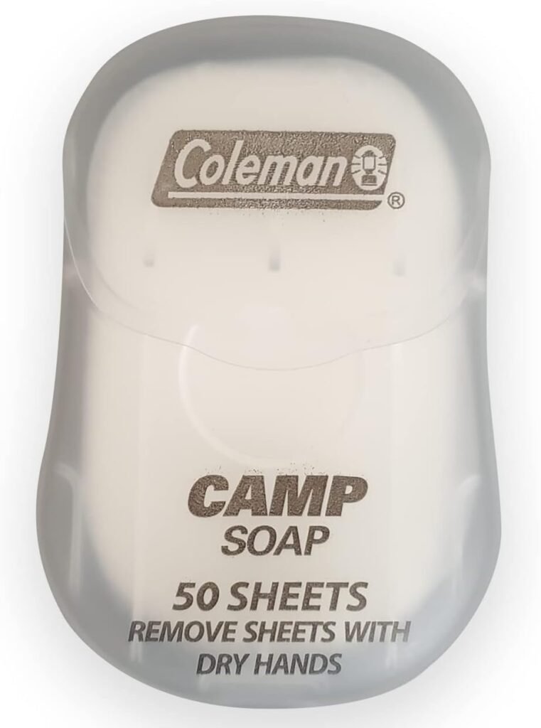 Coleman Camp Soap Sheets Dispenser - Portable Hand and Dish Soap for Traveling, Camping, and Outdoor Adventures - Biodegradable Travel Soap Sheets - Essential Camping Gear - 50 Sheets and Dispenser