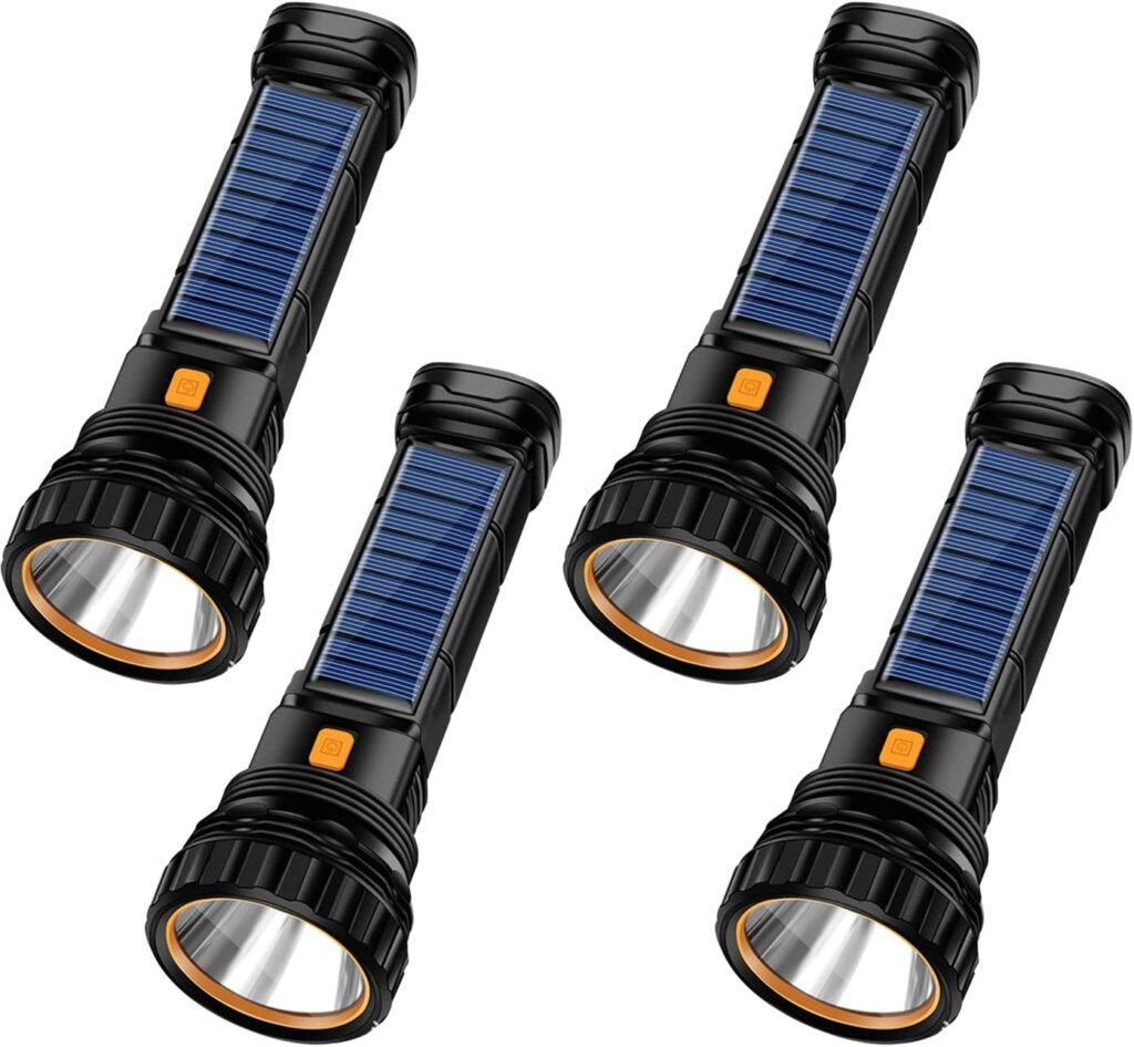E-SHIDAI Solar/Rechargeable Multi Function 1000 Lumens LED Flashlight, with Emergency Strobe Light and 1200 Mah Battery, Emergency Power Supply and USB Charging Cable, Fast Charging (1PC)