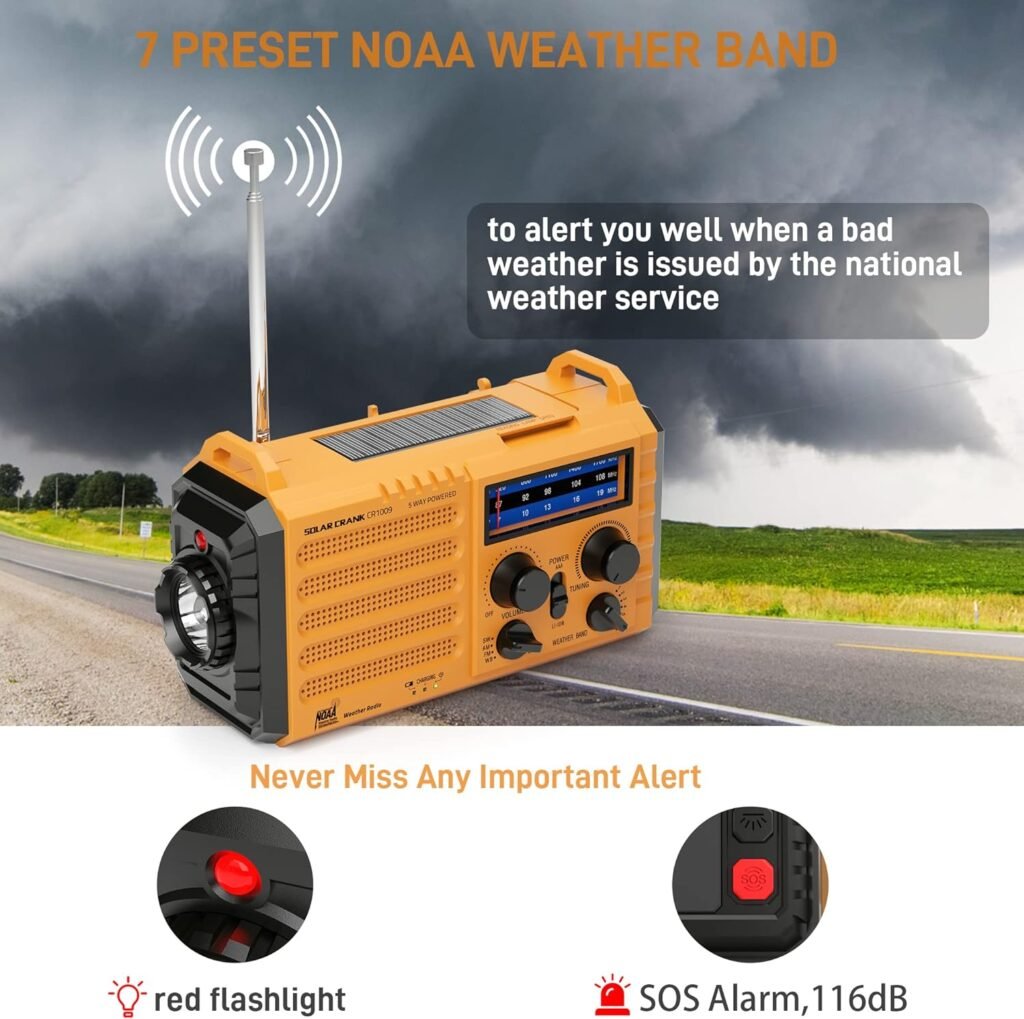 Emergency Radio with NOAA Weather Alert, Portable Solar Hand Crank AM/FM Radio for Survival,Rechargeable Battery Powered Radio,USB Charger,Flashlight,Reading Lamp,for Home Outdoor