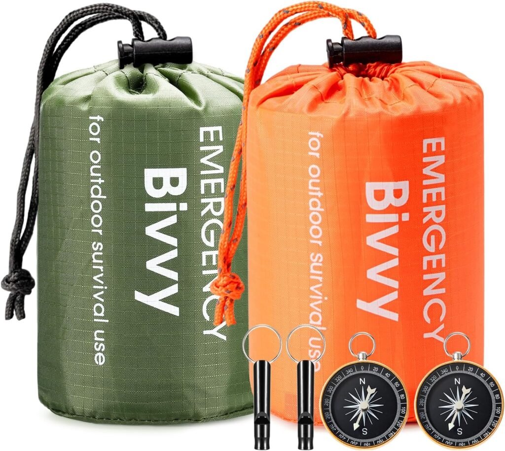 Esky Emergency Sleeping Bag, 2 Pack Portable Thermal Bivy Sack, Waterproof Lightweight Emergency Blanket Survival Gear with Compass and Whistle for Camping Hiking Outdoor Adventure