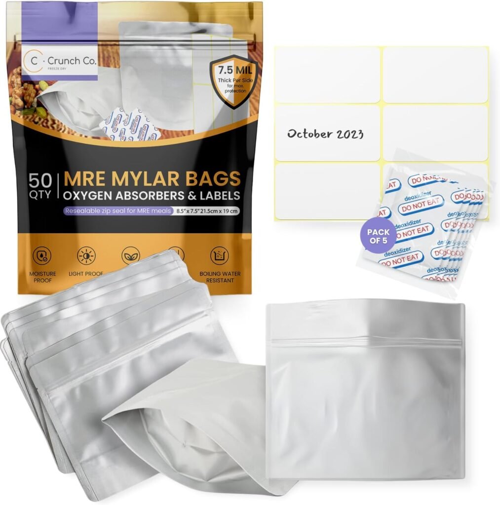 MRE Mylar Bag Bundle - 50x (7.5 Mil - 7.5 x 8.5’’) Stand-Up Zipper bags, 50x 400cc Oxygen Absorbers, 50 labels - Heat Sealable  Withstand Boiling Water - Long-Term Food Storage
