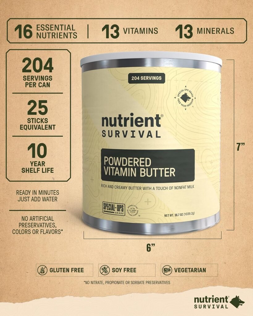 Nutrient Survival Vitamin Butter Powder, Freeze Dried Prepper Supplies  Emergency Food Supply, 16 Essential Nutrients, Soy  Gluten Free, Shelf Stable Up to 10 Years, One Can, 204 Servings