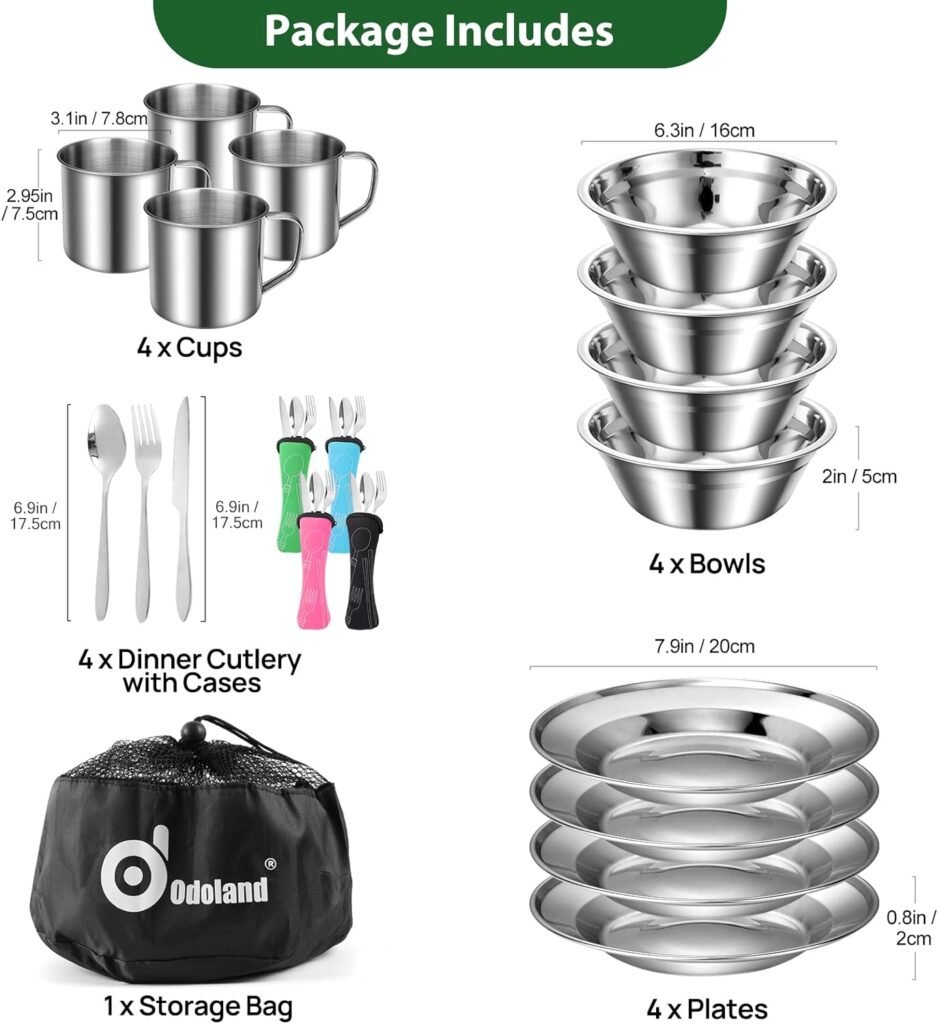 Odoland 29pcs Stainless Steel Utensils Camping Tableware Kit with Bowls Plates Cups Forks Spoons and Knives for 4, Cutlery Flatware Set for Backpacking, Outdoor Camping Hiking and Picnic