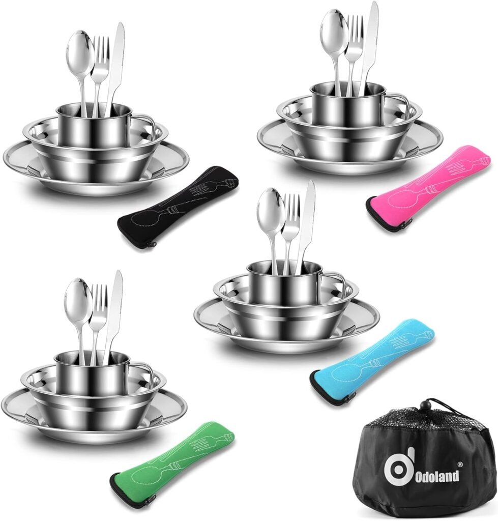 Odoland 29pcs Stainless Steel Utensils Camping Tableware Kit with Bowls Plates Cups Forks Spoons and Knives for 4, Cutlery Flatware Set for Backpacking, Outdoor Camping Hiking and Picnic