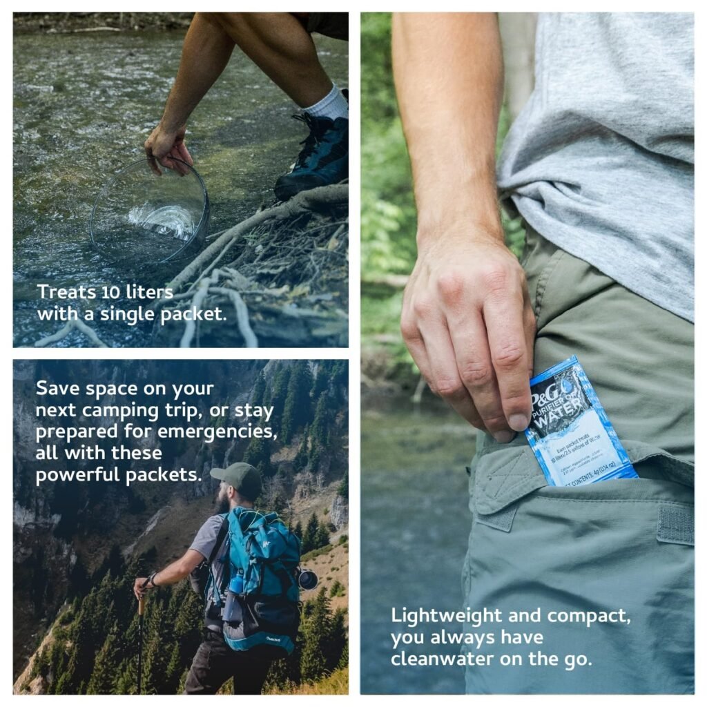 PG Purifier of Water Portable Water Purifier Packets. Emergency Water Filter Purification Powder Packs for Camping, Hiking, Backpacking, Hunting, and Traveling. (12 Packets)