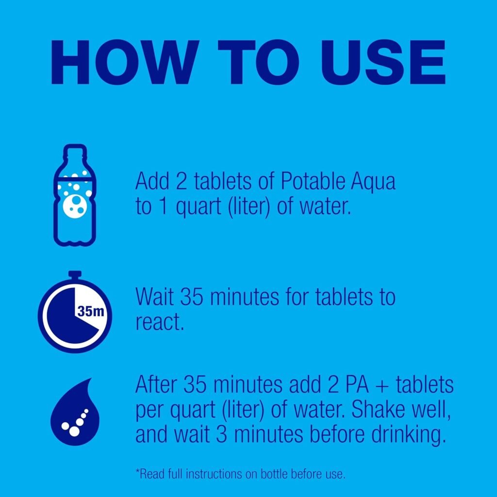Potable Aqua Water Purification Tablets with PA Plus, Portable and Effective Solution for Camping, Hiking, Emergencies, Natural Disasters and International Travel, Two 50ct Bottles