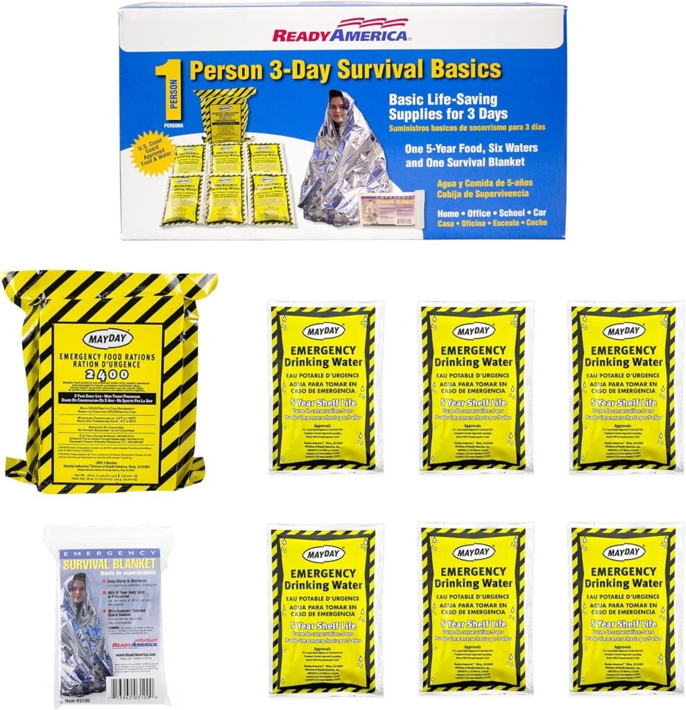 Ready America The Survival Box, 1-Person, 3-Day Emergency Kit Includes 5 Year Emergency Food, Water, Emergency Blanket Portable Disaster Preparedness Go-Bag for Earthquake, Fire, Flood, Hurricane