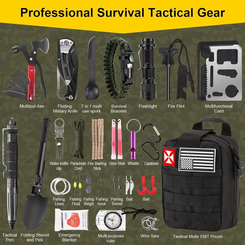 Survival First Aid Kit, 248PCS Survival Tools Camping Essentials Tactical Gear Emergency Trauma Medical Supplies Packed in a MOLLE Pouch, Saber Card ,Cool for Men Camping Hiking Outdoor Activities