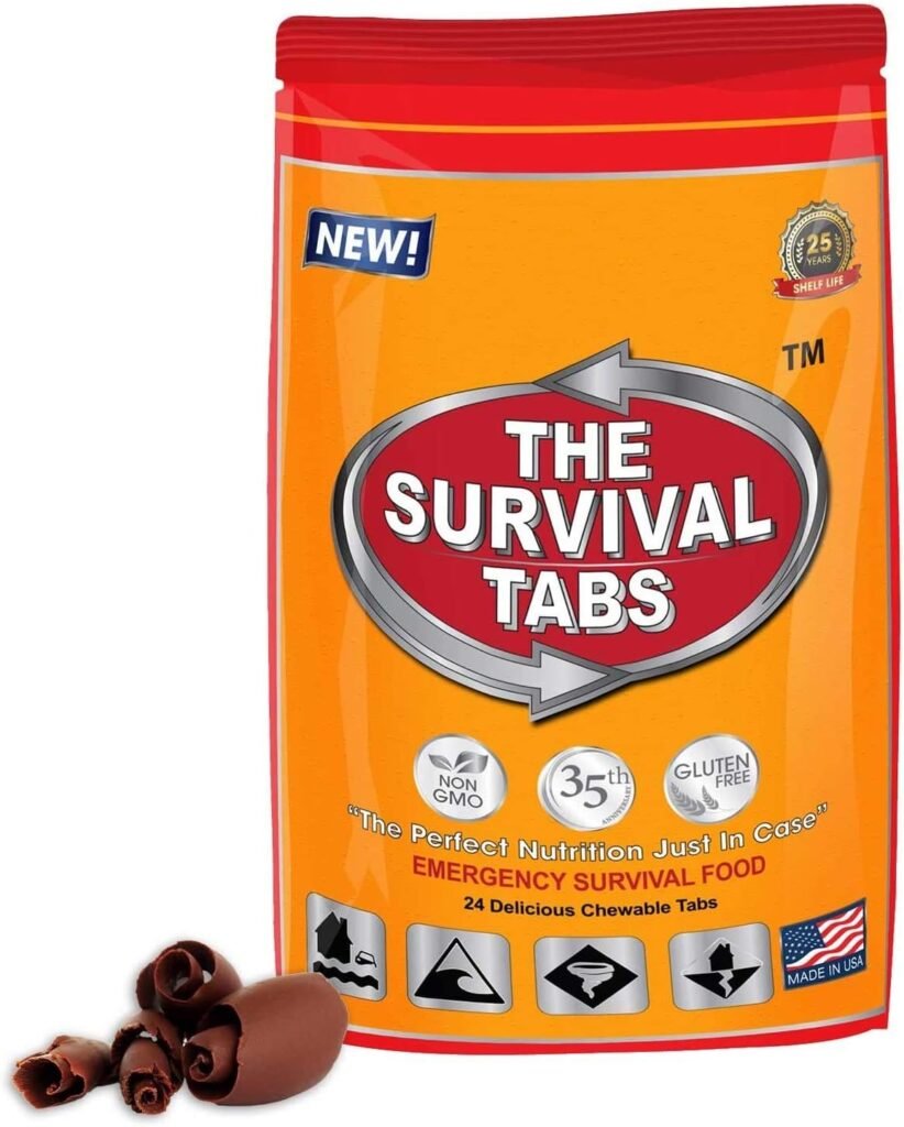 Survival food emergency survival tablets 2-days food supply 24 tabs emergency protein ration Gluten free non-GMO 25 years shelf life long term food storage - chocolate flavor